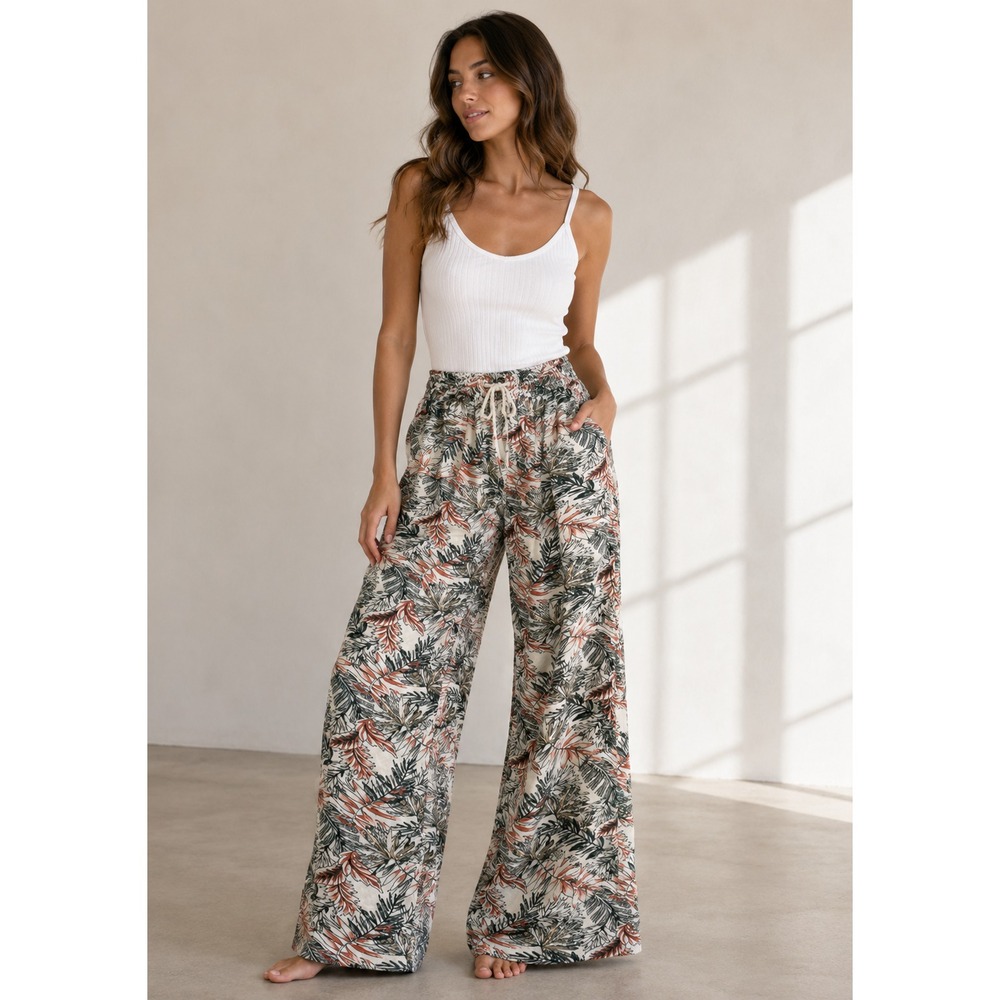 CALi 1850 Los Angeles Pants Womens XS Linen Blend Tropical Print Wide Leg Resort